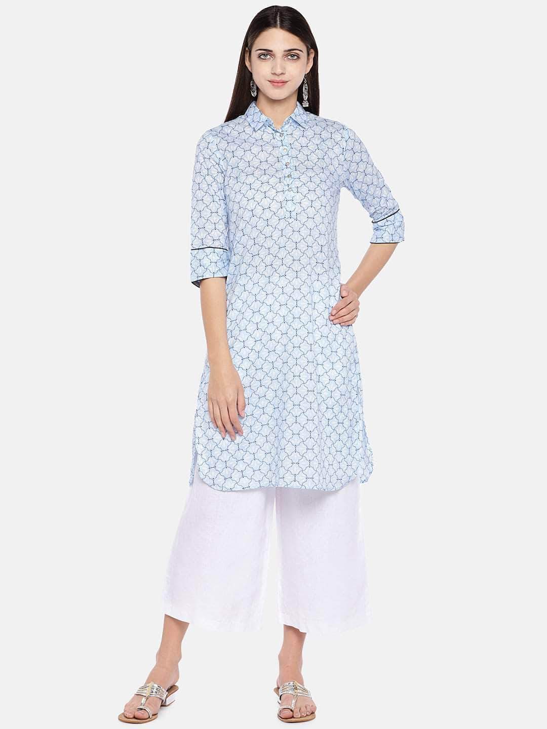 Blue Cotton Kurta | Womens Semi-Formal Wear Regular Fit Cotton Kurta