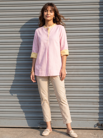 Women's Pink Linen Cotton Regular Fit Blouse