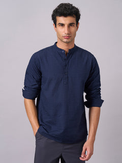 Men’s Cotton Regular Fit Textured Band Collar Shirt Navy