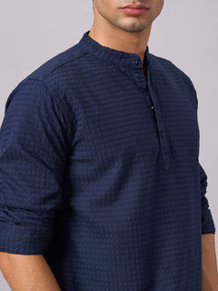 Men’s Cotton Regular Fit Textured Band Collar Shirt Navy