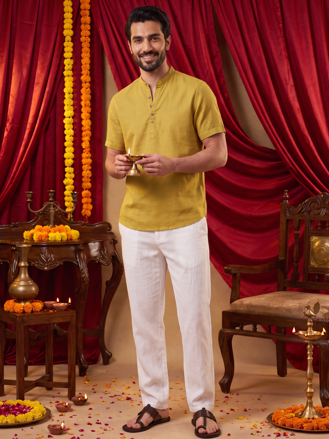 Men’s Linen Cotton Regular Fit Kurta Shirt Mustard