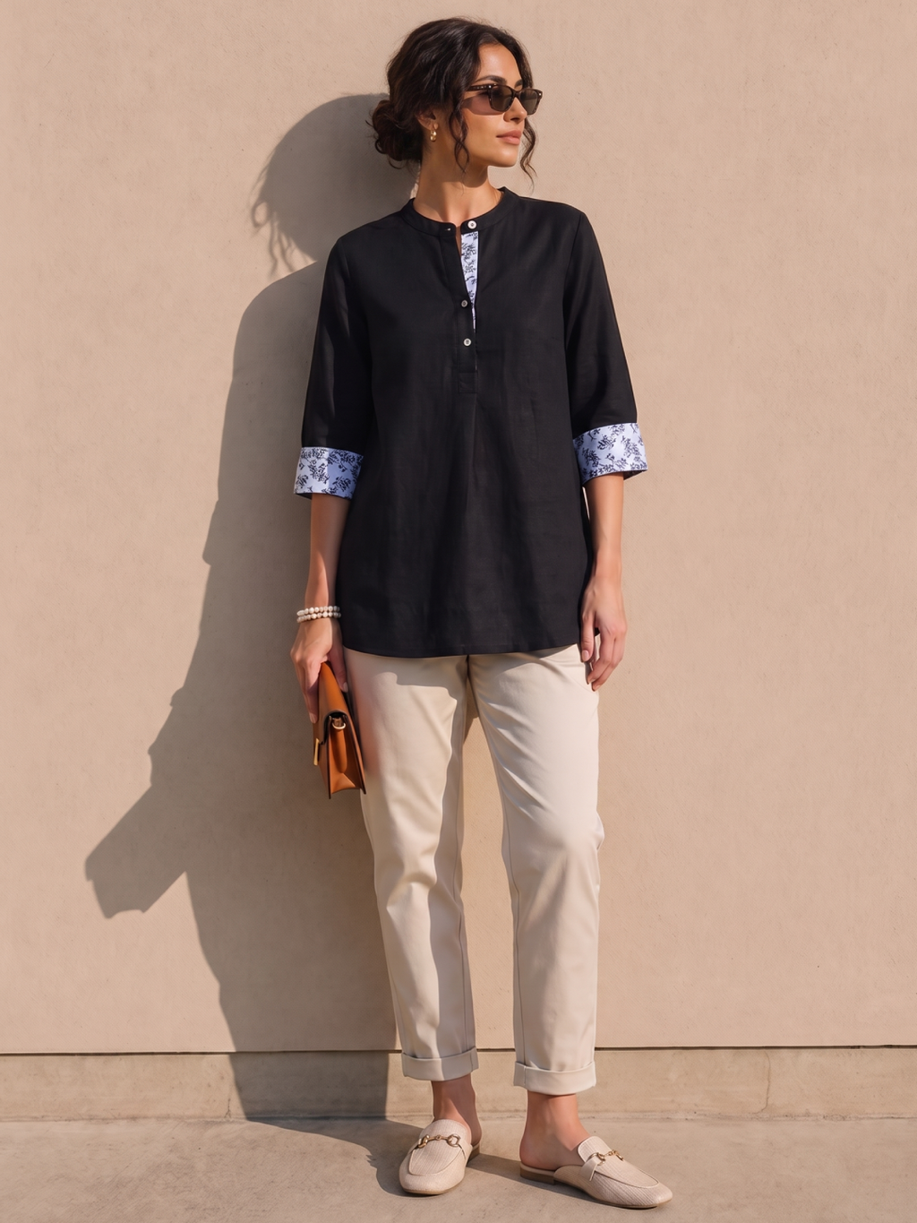 Women's Black Linen Cotton Regular Fit Blouse