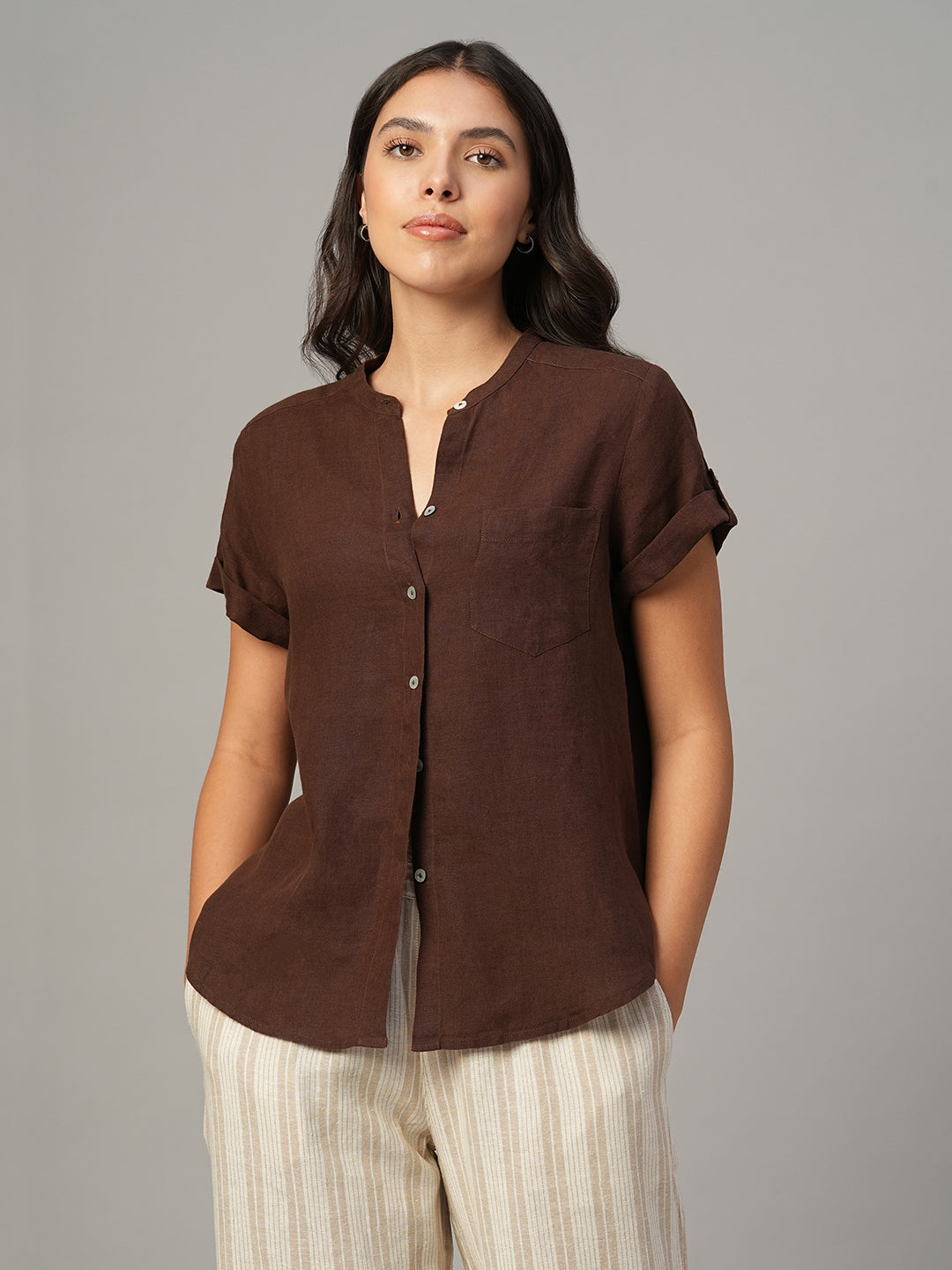 Women's Brown 100% Linen Regular Fit Blouse