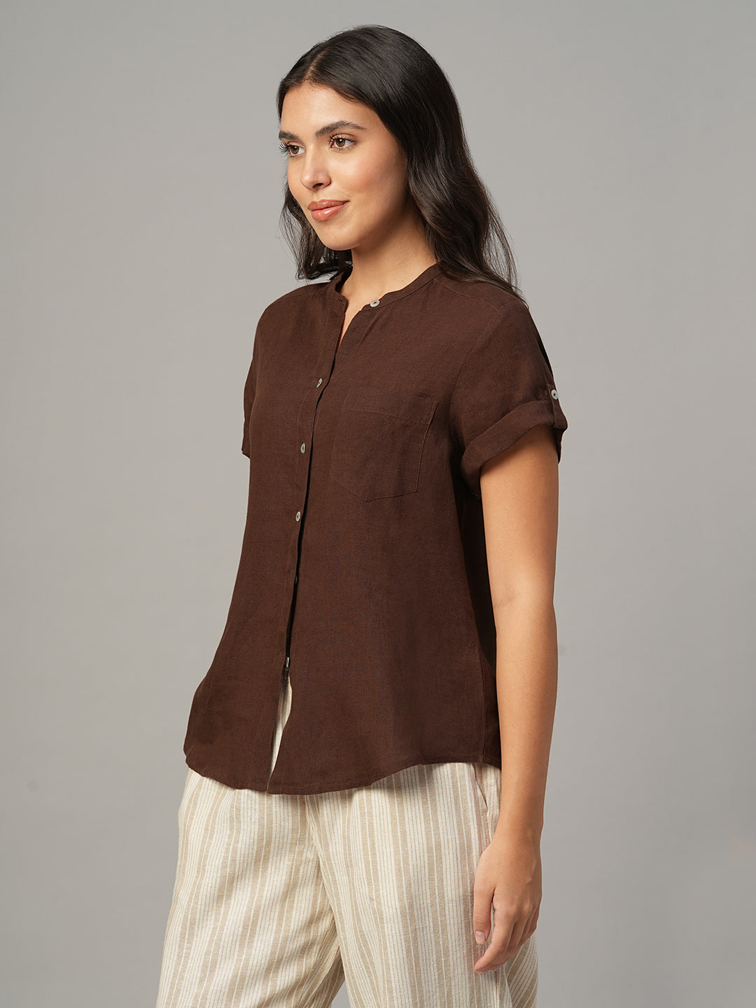 Women's Brown 100% Linen Regular Fit Blouse