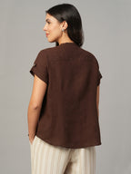 Women's Brown 100% Linen Regular Fit Blouse