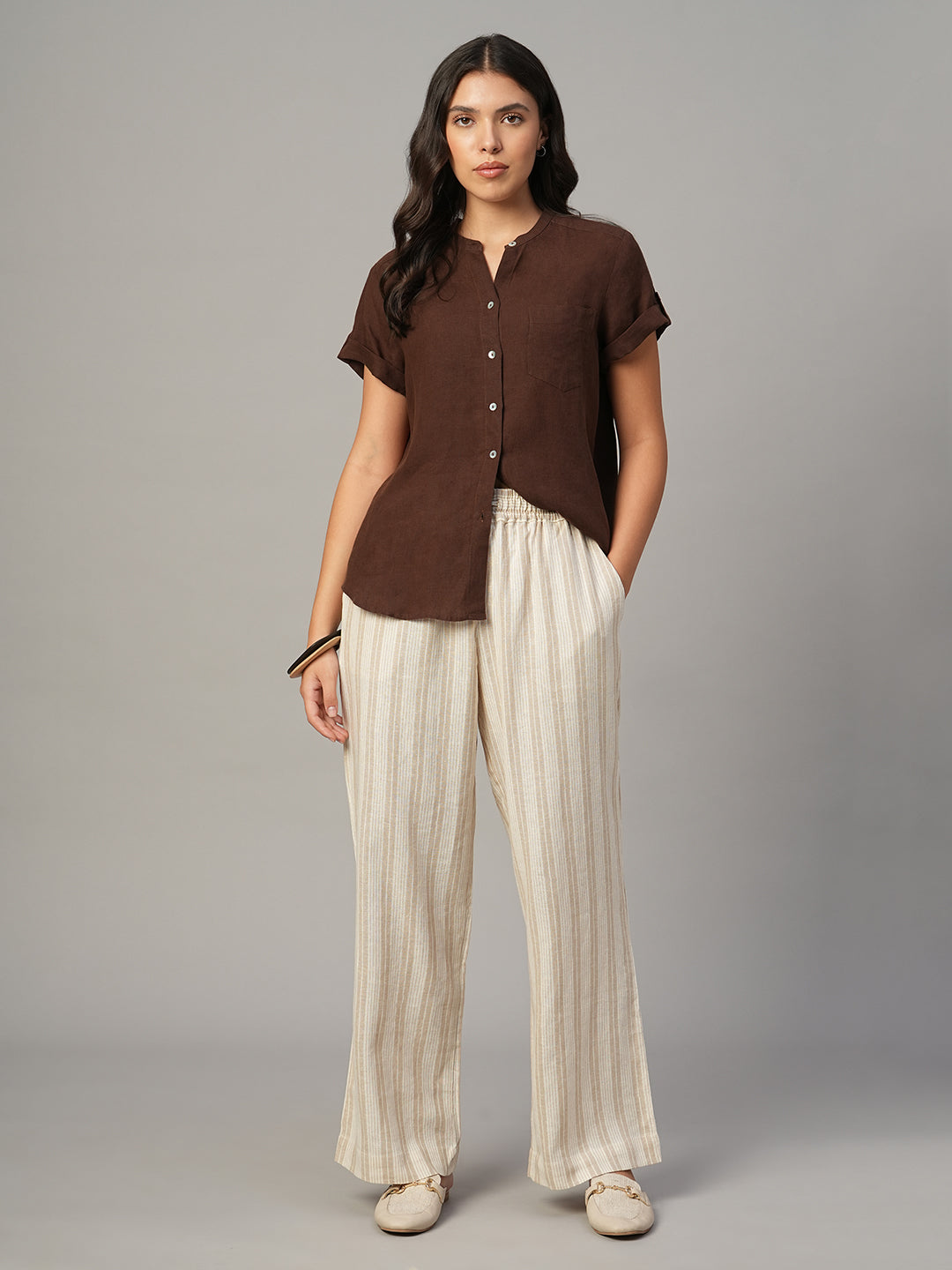 Women's Brown 100% Linen Regular Fit Blouse