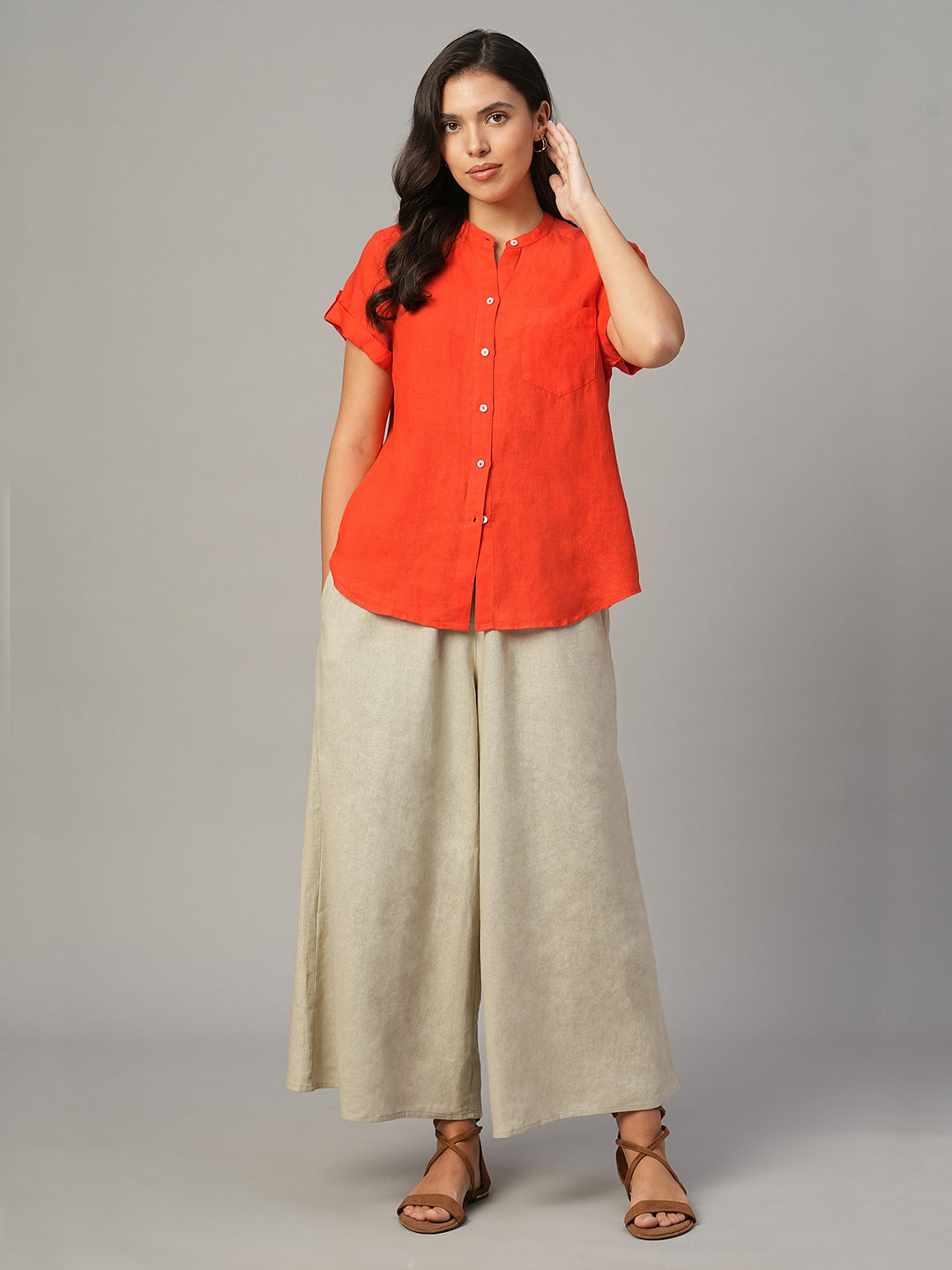 Women's Coral 100% Linen Regular Fit Blouse