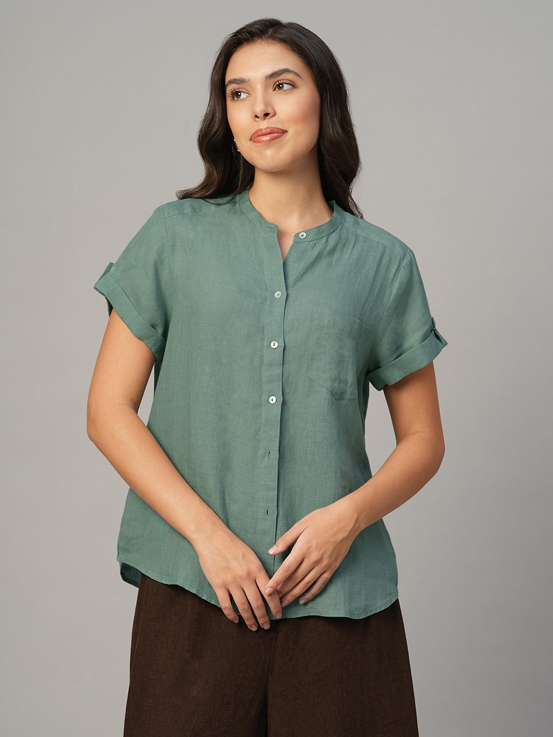Women's Green 100% Linen Regular Fit Blouse