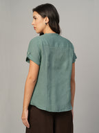 Women's Green 100% Linen Regular Fit Blouse