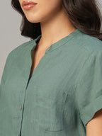 Women's Green 100% Linen Regular Fit Blouse