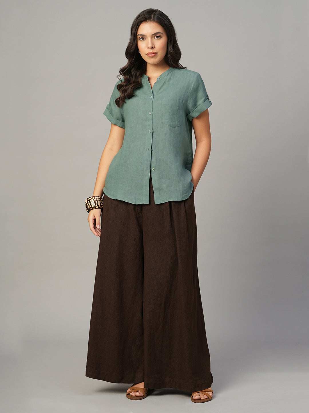 Women's Green 100% Linen Regular Fit Blouse