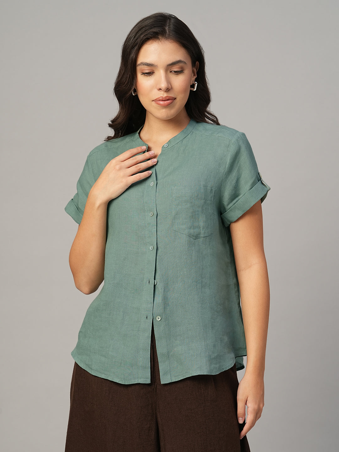 Women's Green 100% Linen Regular Fit Blouse