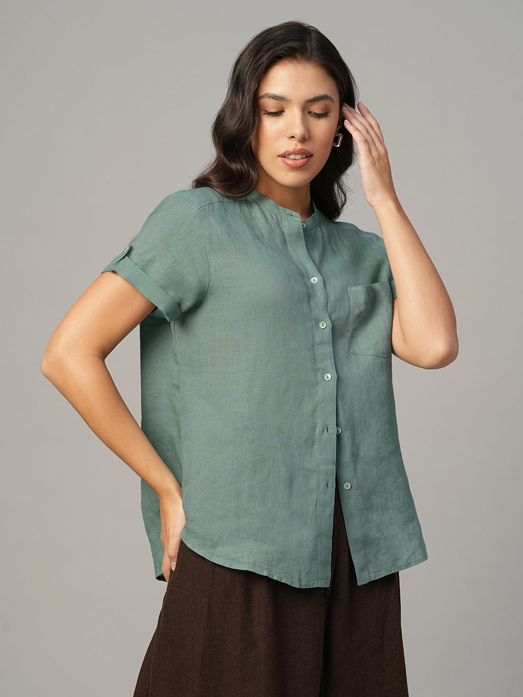 Women's Green 100% Linen Regular Fit Blouse