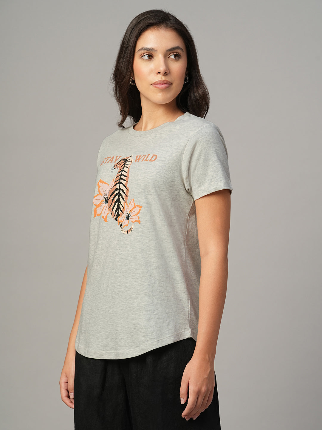 Women's Ecru Melan 100% Cotton Regular Fit Tshirt