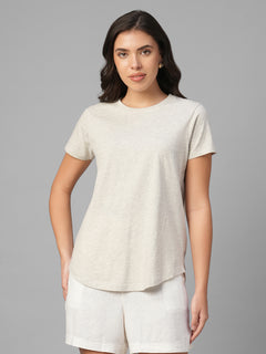 Women's Ecru Melan 100% Cotton Regular Fit Tshirt
