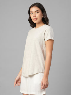 Women's Ecru Melan 100% Cotton Regular Fit Tshirt