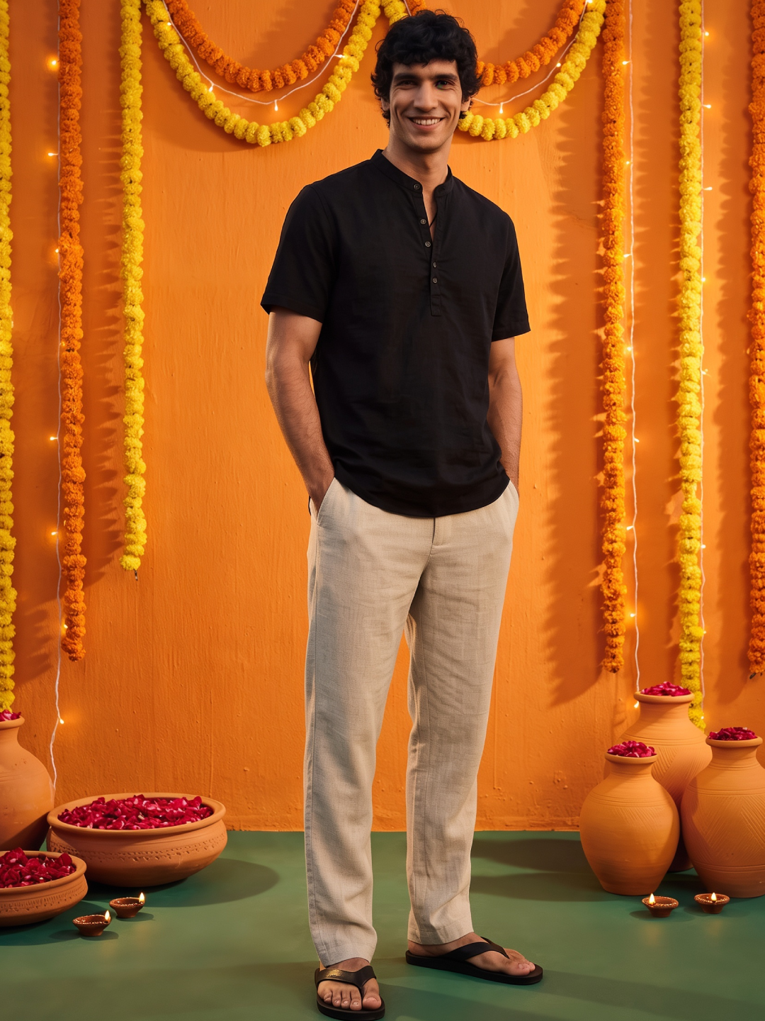 Men’s Linen Cotton Regular Fit Kurta Shirt Black