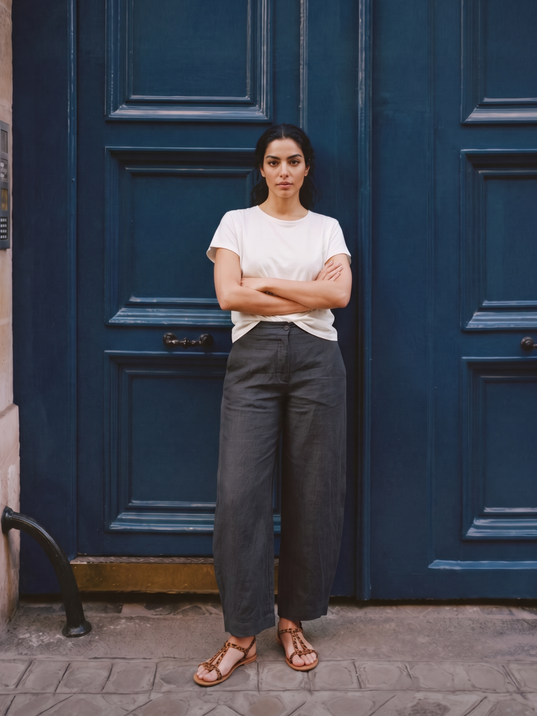 Women's Grey 100% Linen Regular Fit Pant