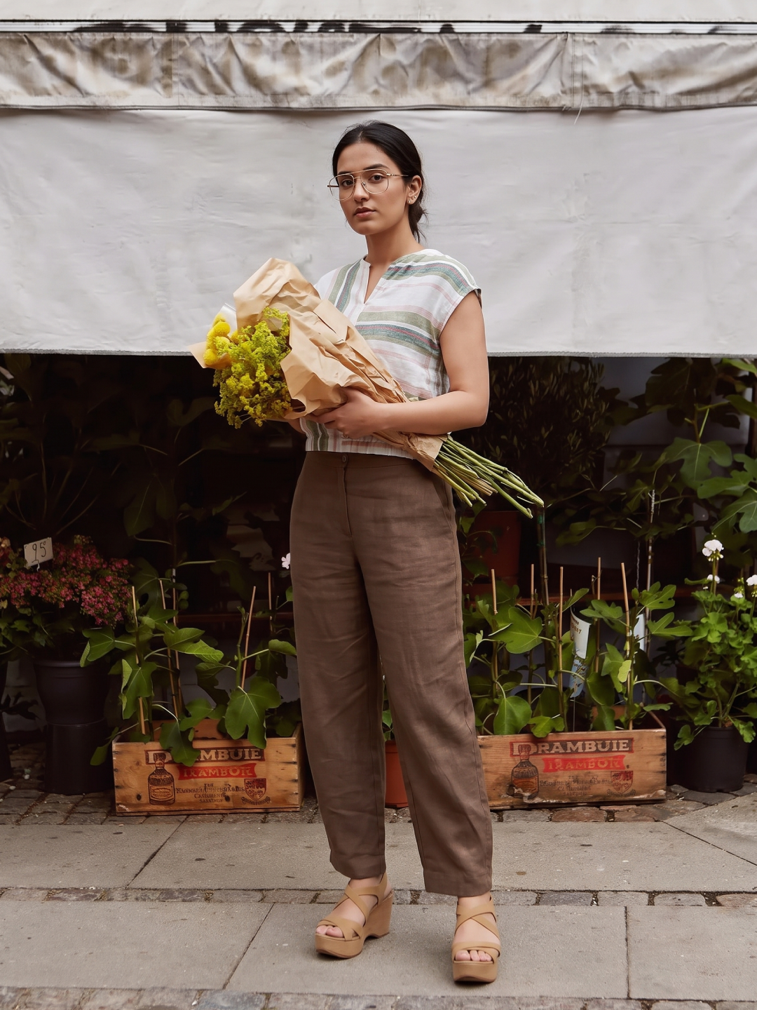 Women's Brown 100% Linen Barrel Leg Pant