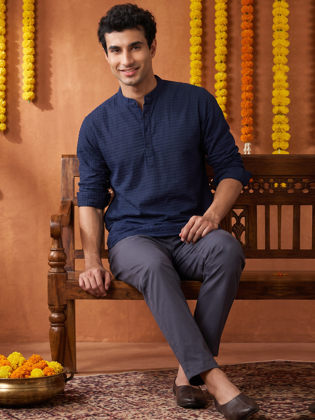 Men’s Cotton Regular Fit Textured Band Collar Kurta Shirt Navy