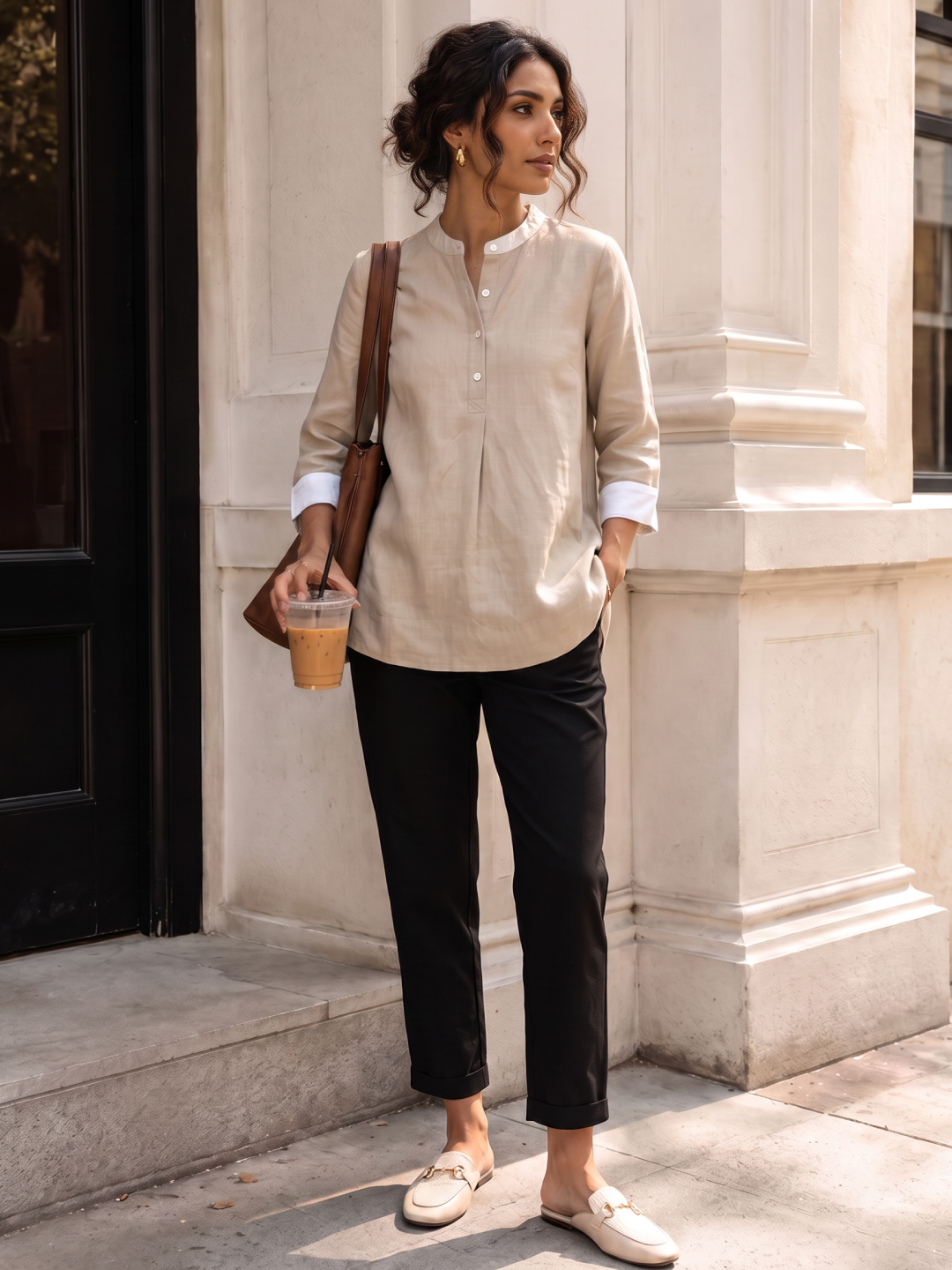 Women's Khaki Linen Cotton Regular Fit Blouse