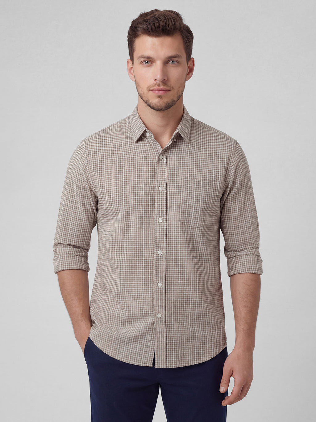 Men's Khaki 100% Cotton Regular Fit Shirt
