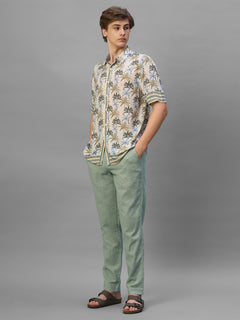 Men's Green Cotton Linen Regular Fit Pant