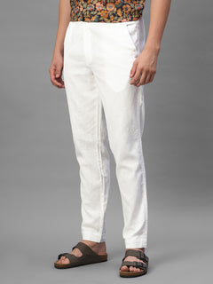 Men's White Cotton Linen Regular Fit Pant