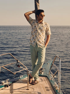 Men's Green Cotton Linen Regular Fit Pant