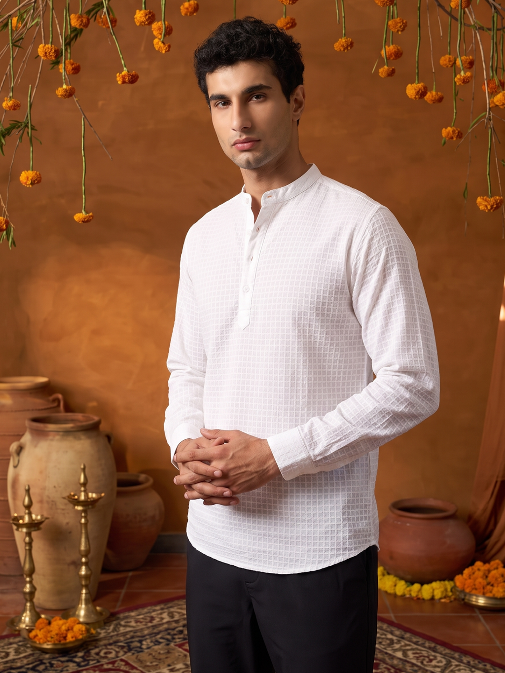 Men’s Cotton Regular Fit Band Collar Kurta Shirt White