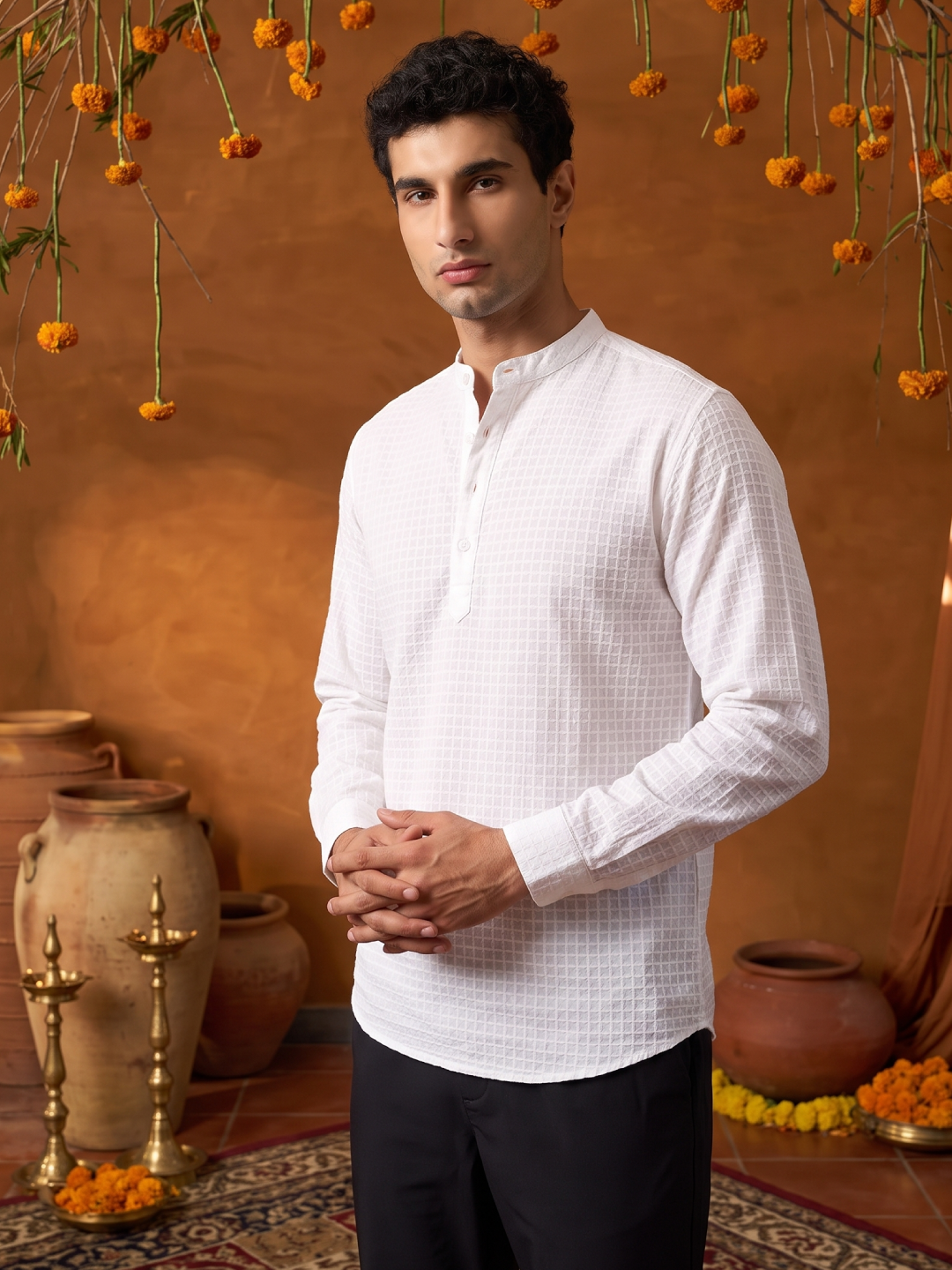Men’s Cotton Regular Fit Band Collar Kurta Shirt White