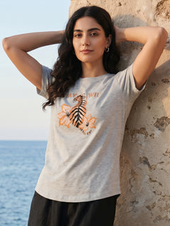 Women's Ecru Melan 100% Cotton Regular Fit Tshirt