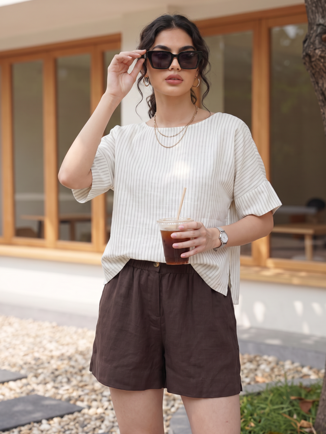 Women's Coffee 100% Linen Regular Fit Shorts