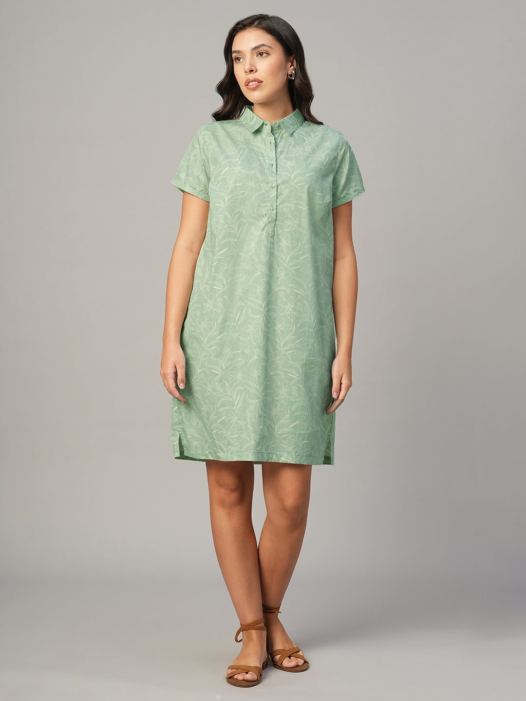 Women's Light Green 100% Cotton Regular Fit Dress