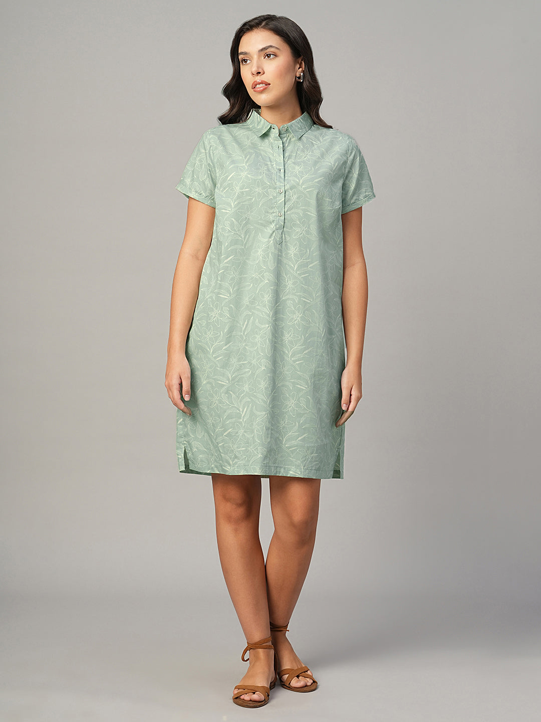 Women's Light Green 100% Cotton Regular Fit Dress