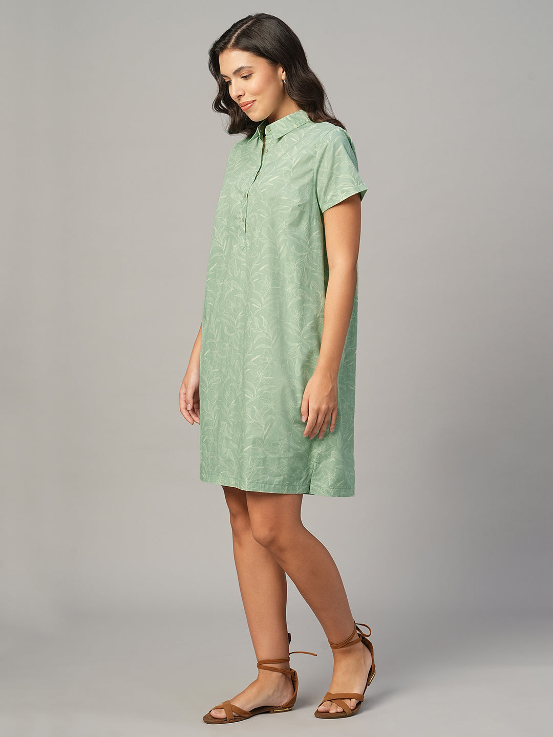 Women's Light Green 100% Cotton Regular Fit Dress