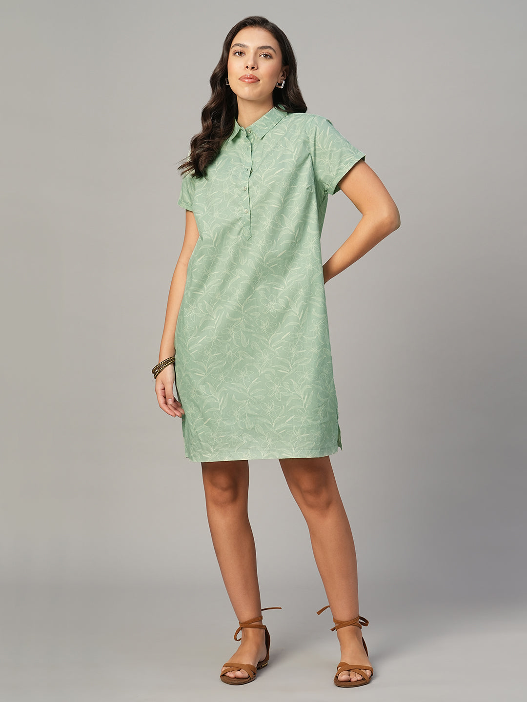 Women's Light Green 100% Cotton Regular Fit Dress