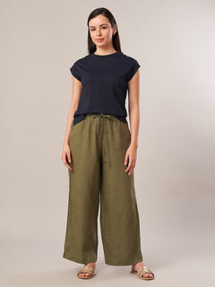 Women's 100% Linen Regular Fit Pant Olive