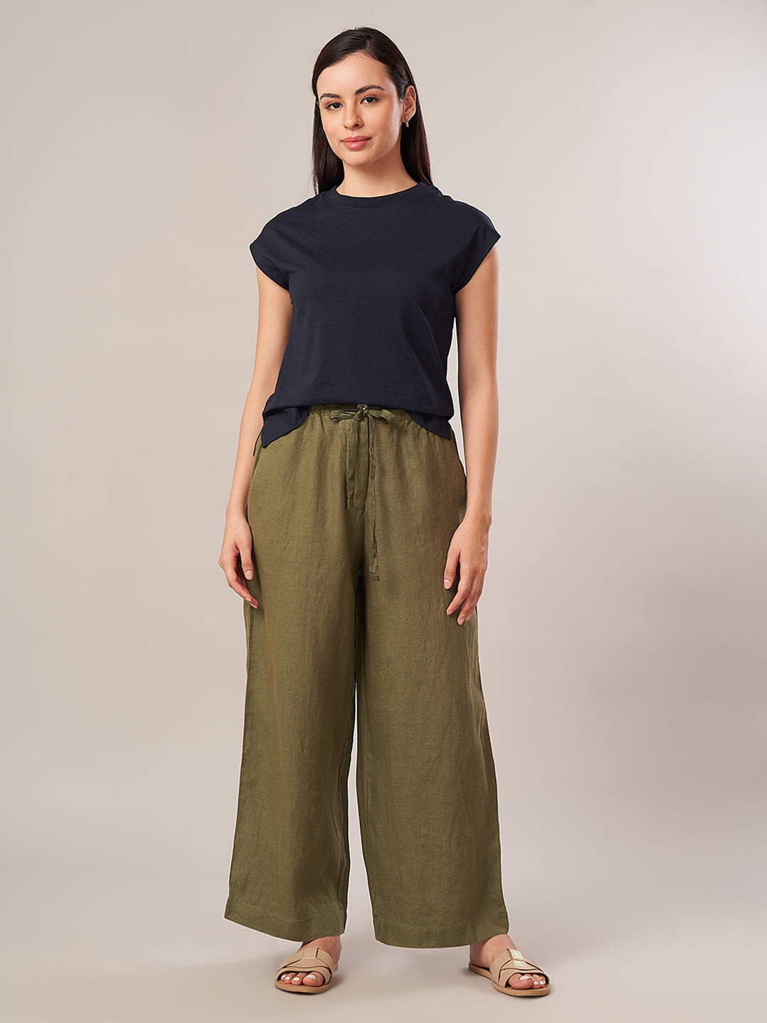 Women's 100% Linen Regular Fit Pant Olive
