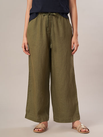 Women's 100% Linen Regular Fit Pant Olive