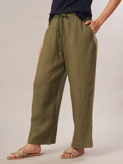 Women's 100% Linen Regular Fit Pant Olive