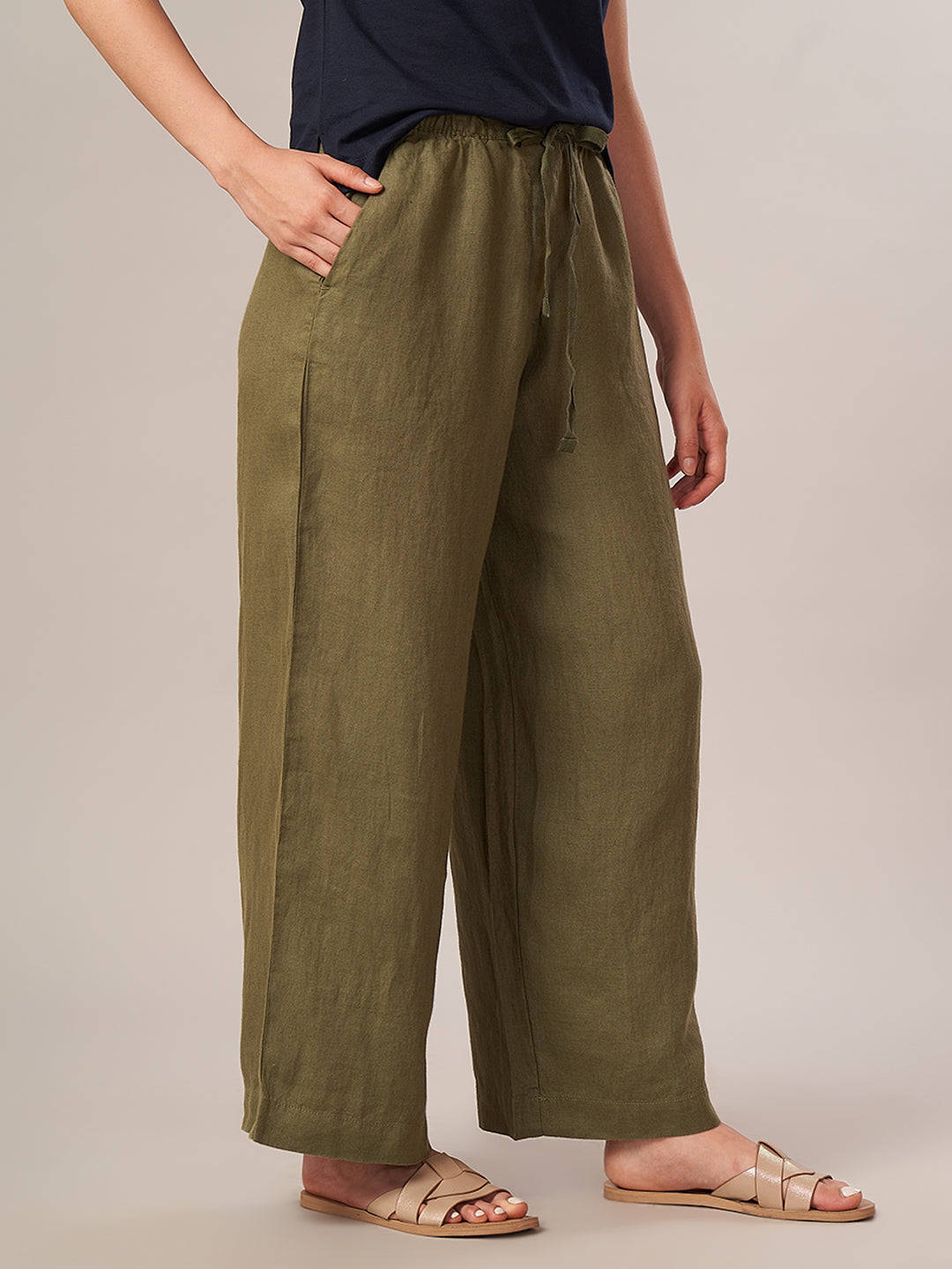 Women's 100% Linen Regular Fit Pant Olive