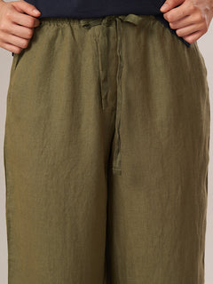 Women's 100% Linen Regular Fit Pant Olive