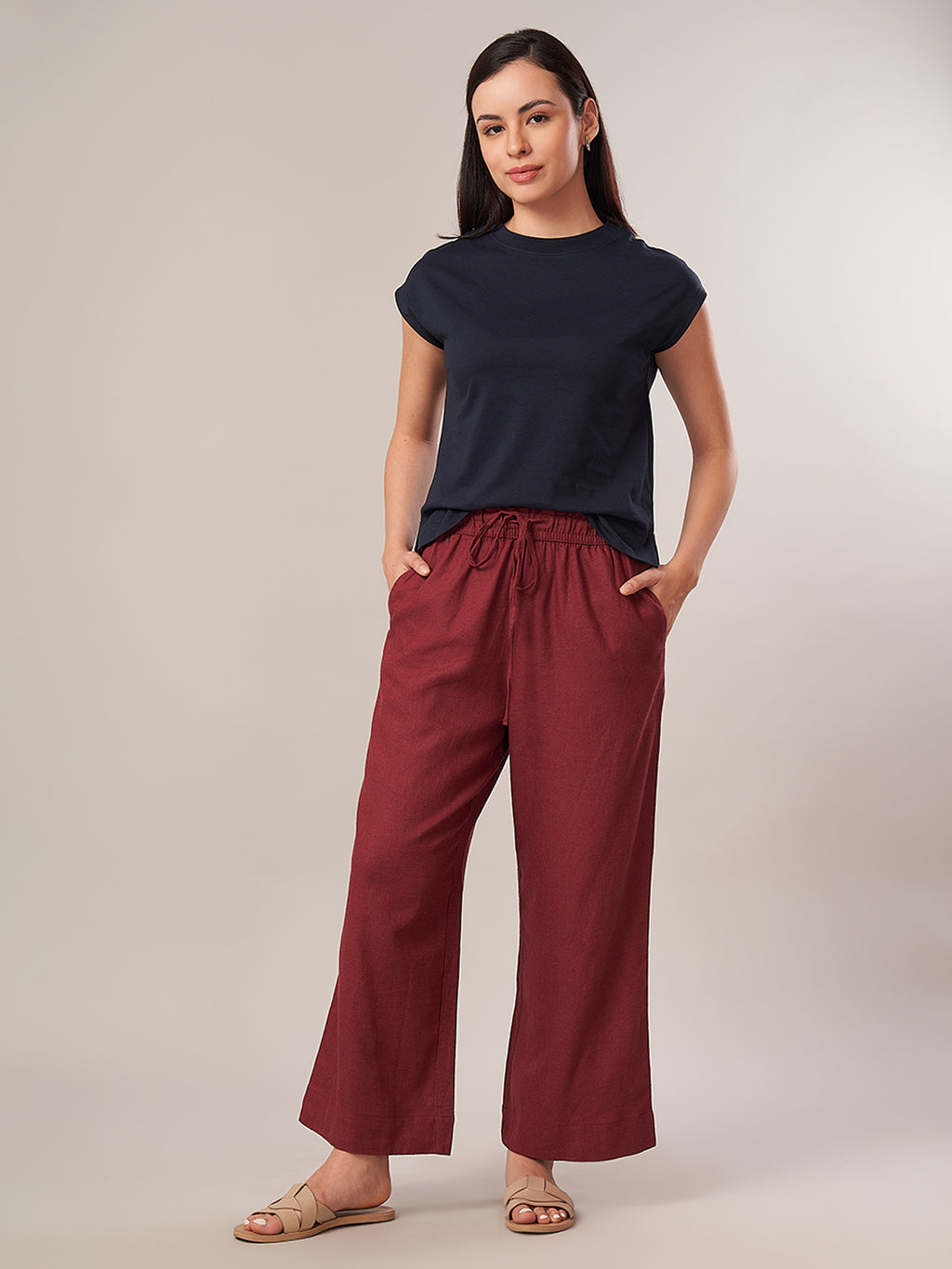 Women's Linen Blend Regular Fit Pant Maroon