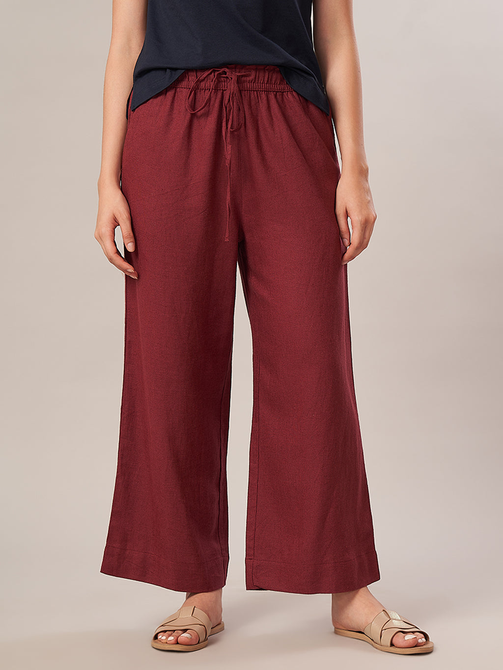 Women's Linen Blend Regular Fit Pant Maroon