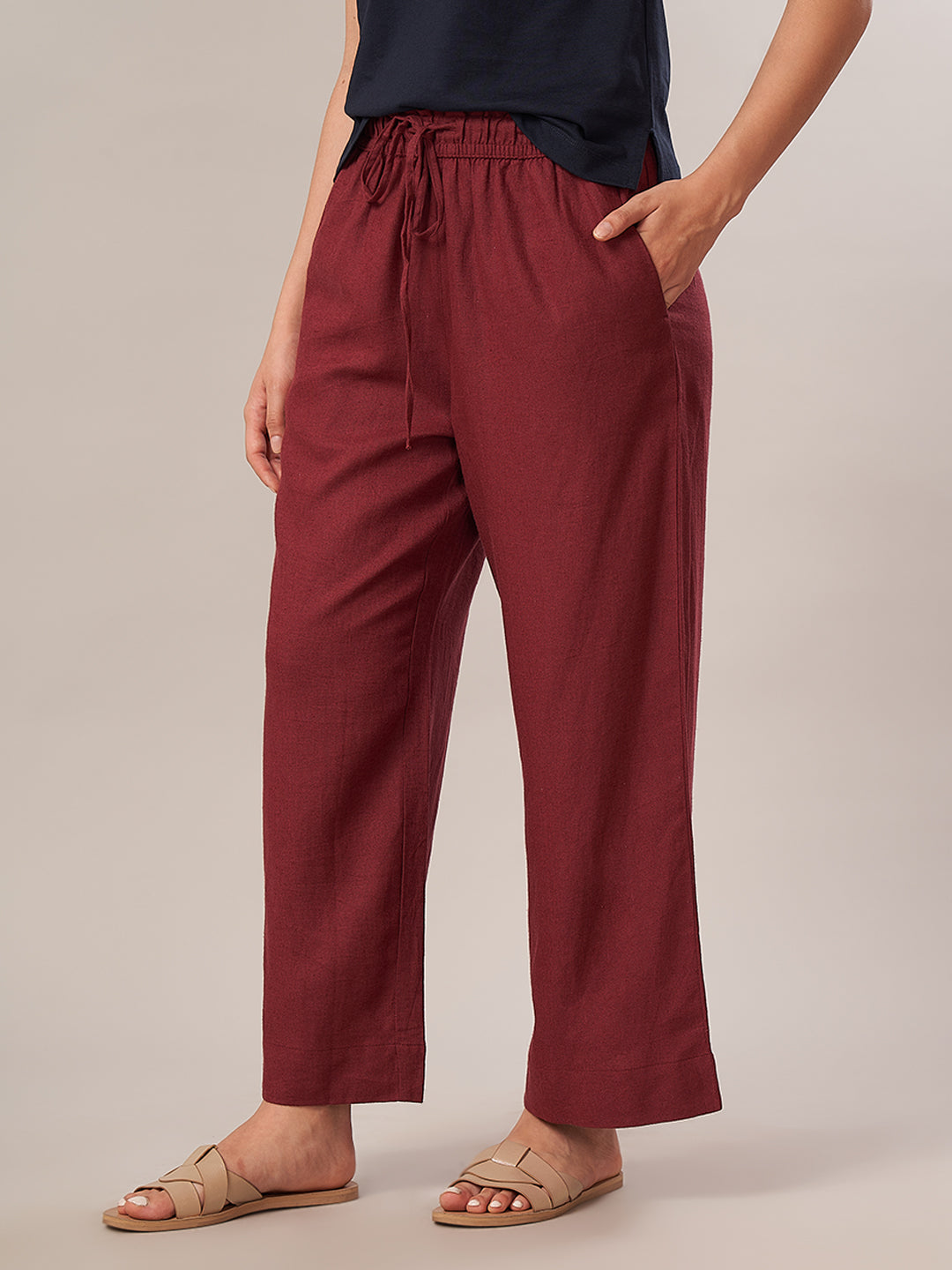 Women's Linen Blend Regular Fit Pant Maroon