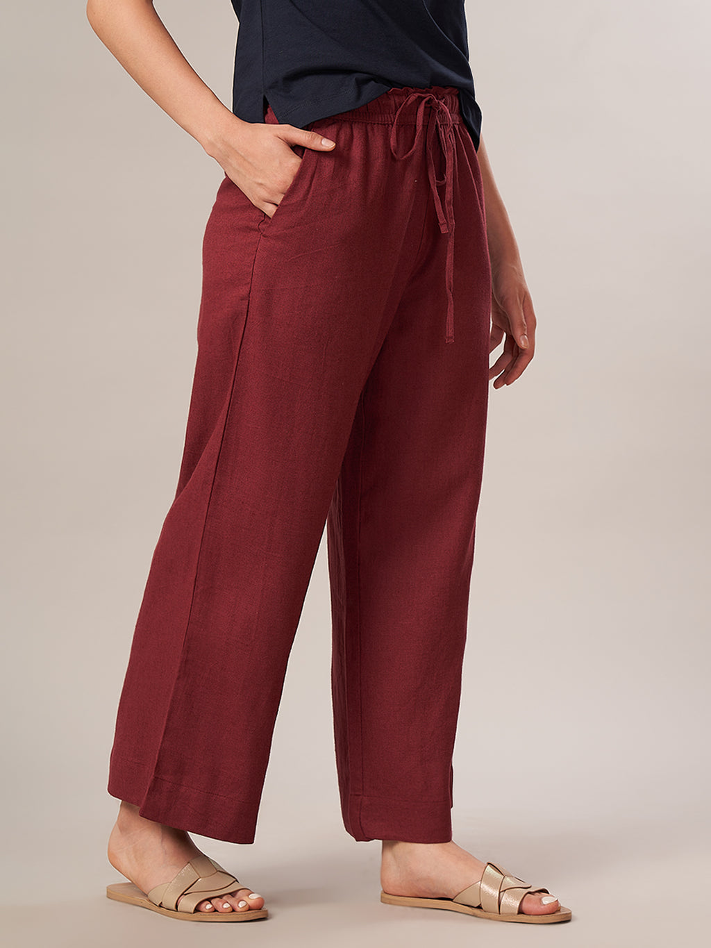 Women's Linen Blend Regular Fit Pant Maroon