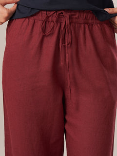 Women's Linen Blend Regular Fit Pant Maroon