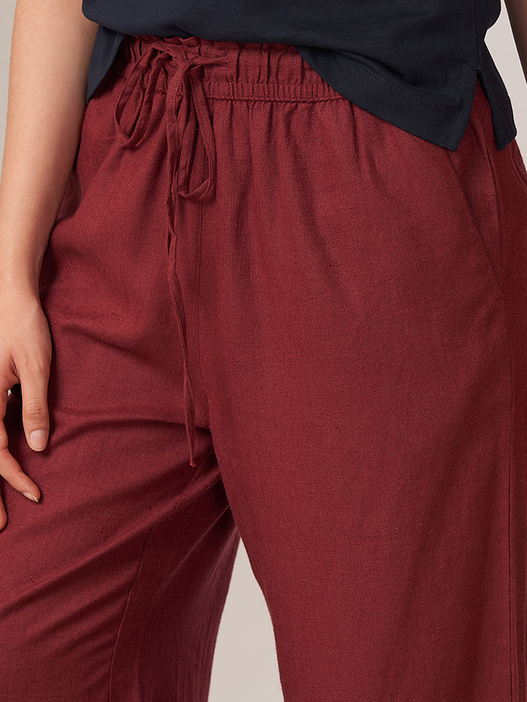 Women's Linen Blend Regular Fit Pant Maroon