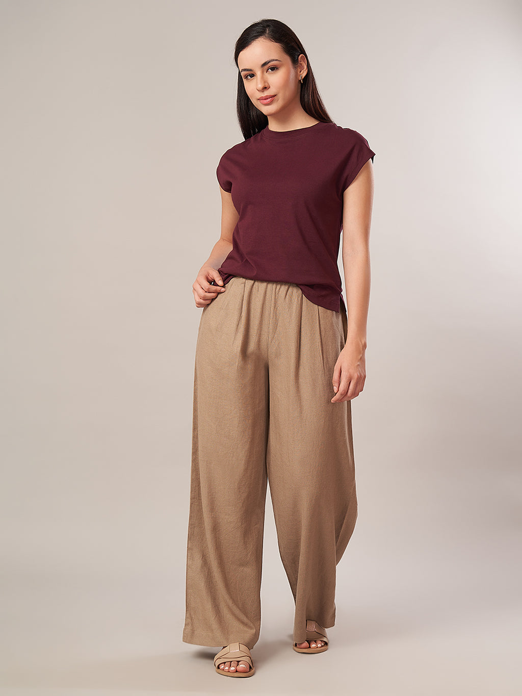 Women's Linen Viscose Regular Fit Pant Beige